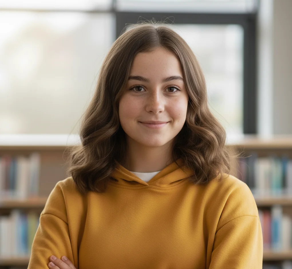 Confident young woman in mustard yellow hoodie, representing digital independence and privacy-conscious choices